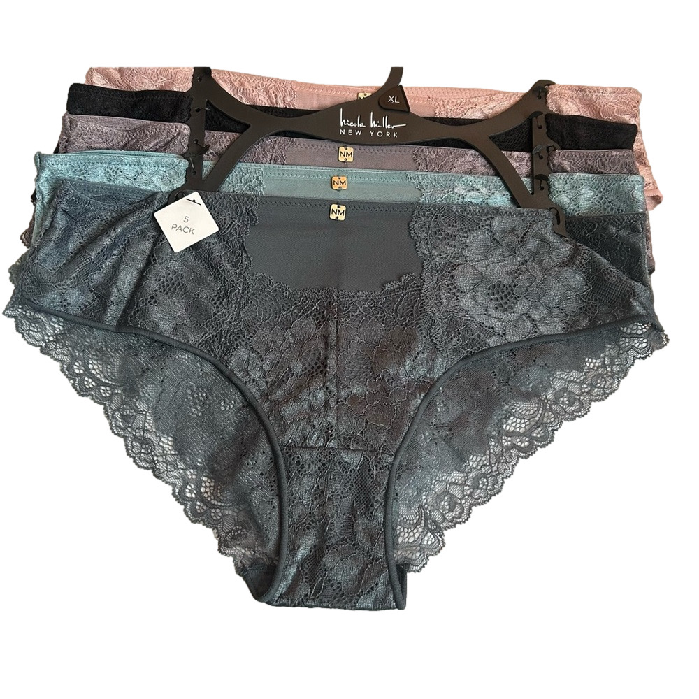 Nicole Miller Fancy Lace Panties - 5 Pack Gray, Blue, Black, Peach and Purple